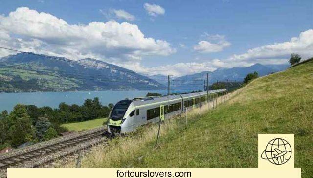On board the Little Green Train of the Alps between Italy and Switzerland