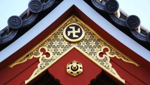 In Japan, Buddhist temples are marked with a swastika.